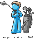 #35826 Clip Art Graphic Of A Sky Blue Guy Character Golfing