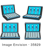 #35829 Clip Art Graphic Of A Sky Blue Guy Character On Computer Screens