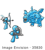 #35830 Clip Art Graphic Of Sky Blue Guy Characters Killing A Dragon