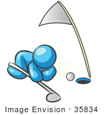 #35834 Clip Art Graphic Of A Sky Blue Guy Character Trying To Blow A Golf Ball Into A Hole