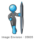 #35835 Clip Art Graphic Of A Sky Blue Lady Character Standing With A Pen
