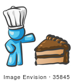 #35845 Clip Art Graphic Of A Sky Blue Guy Character Chef With Chocolate Cake