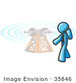 #35846 Clip Art Graphic Of A Sky Blue Guy Character Talking On A Phone By A Tower