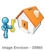 #35860 Clip Art Graphic Of A Sky Blue Guy Character With A Key To A Home