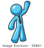 #35861 Clip Art Graphic Of A Sky Blue Guy Character Waving