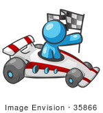#35866 Clip Art Graphic Of A Sky Blue Guy Character Racing A Car