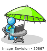 #35867 Clip Art Graphic Of A Sky Blue Guy Character Working Under An Umbrella
