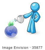 #35877 Clip Art Graphic Of A Sky Blue Guy Character Watering A Globe