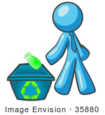 #35880 Clip Art Graphic Of A Sky Blue Guy Character Tossing A Bottle Into A Recycling Bin