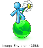 #35881 Clip Art Graphic Of A Sky Blue Guy Character Holding A Daisy On A Globe