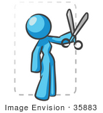 #35883 Clip Art Graphic Of A Sky Blue Lady Character Cutting A Coupon