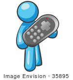 #35895 Clip Art Graphic Of A Sky Blue Guy Character Holding A Remote Control