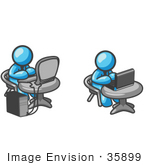 #35899 Clip Art Graphic Of Sky Blue Guy Characters Working On Computers