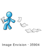#35904 Clip Art Graphic Of A Sky Blue Guy Character Dropping Papers