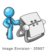 #35907 Clip Art Graphic Of A Sky Blue Guy Character With An Index Card File