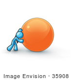 #35908 Clip Art Graphic Of A Sky Blue Guy Character Pushing An Orange Orb