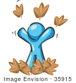 #35915 Clip Art Graphic Of A Sky Blue Guy Character Throwing Leaves