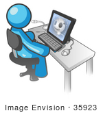 #35923 Clip Art Graphic Of A Sky Blue Guy Character Using A Computer