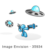 #35934 Clip Art Graphic Of A Sky Blue Guy Character With Ufos