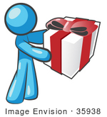 #35938 Clip Art Graphic Of A Sky Blue Guy Character Holding A Gift