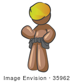 #35962 Clip Art Graphic Of A Brown Guy Character Wearing A Toolbelt And Hardhat Waving