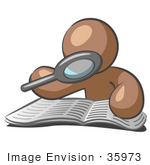 #35973 Clip Art Graphic Of A Brown Guy Character Reading With A Magnifying Glass