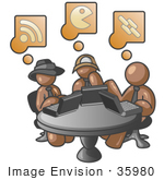 #35980 Clip Art Graphic Of Brown Guy Characters Using Laptops At A Table