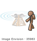 #35983 Clip Art Graphic Of A Brown Guy Character Talking On A Phone By A Tower