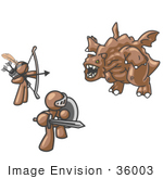 #36003 Clip Art Graphic Of Brown Guy Characters Fighting A Dragon