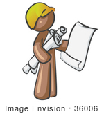 #36006 Clip Art Graphic Of A Brown Guy Character Holding Rolled Blueprints