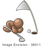 #36011 Clip Art Graphic Of A Brown Guy Character Blowing A Golf Ball Into A Hole