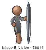 #36014 Clip Art Graphic Of A Brown Lady Character Standing With A Pen