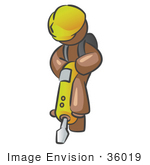 #36019 Clip Art Graphic Of A Brown Guy Character Operating A Jack Hammer