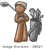 #36021 Clip Art Graphic Of A Brown Guy Character Golfing