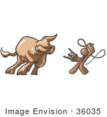 #36035 Clip Art Graphic Of A Brown Guy Character Fighting A Bull With A Whip