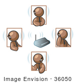 #36050 Clip Art Graphic Of Brown Guy Characters On Headsets Holding A Meeting
