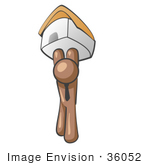 #36052 Clip Art Graphic Of A Brown Guy Character Holding Up A House