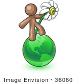 #36060 Clip Art Graphic Of A Brown Guy Character With A Daisy On The Globe