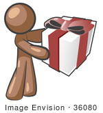 #36080 Clip Art Graphic Of A Brown Guy Character Holding A Gift