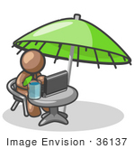 #36137 Clip Art Graphic Of A Brown Guy Character Working Under An Umbrella