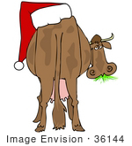 #36144 Clip Art Graphic Of A Festive Christmas Cow With A Santa Hat On His Butt Grazing On Grass