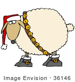 #36146 Clip Art Graphic Of A Festive Christmas Sheep With Jingle Bells And A Santa Hat
