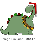 #36147 Clip Art Graphic Of A Festive Christmas Dinosaur With Jingle Bells And A Santa Hat