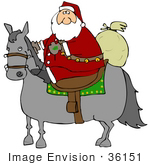 #36151 Clip Art Graphic Of Santa Riding A Horse To Deliver Christmas Gifts