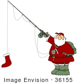 #36155 Clip Art Graphic of Santa Fishing With A Red Christmas Stocking by DJArt