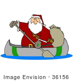 #36156 Clip Art Graphic Of Santa Using A Canoe To Deliver Christmas Gifts