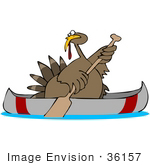 #36157 Clip Art Graphic Of A Turkey Bird Using A Canoe To Escape Hungry People On Thanksgiving