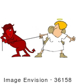 #36158 Clip Art Graphic of a Female Devil And Female Angel Battling During Tug Of War by DJArt