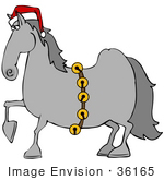 #36165 Clip Art Graphic Of A Festive Christmas Horse Wearing A Santa Hat And Sash Of Bells