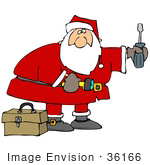 #36166 Clip Art Graphic Of Santa With A Screwdriver Flashlight And Tool Box Doing Home Repairs